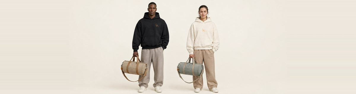 The sand and sage canvas duffel bags side by side